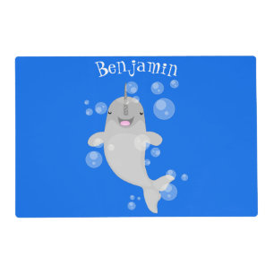 Cute happy narwhal bubbles cartoon illustration placemat