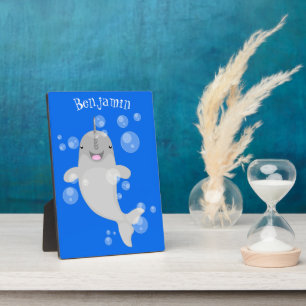 Cute happy narwhal bubbles cartoon illustration plaque