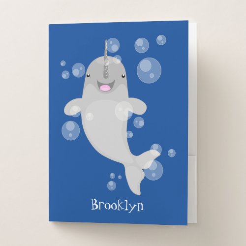 Cute happy narwhal bubbles cartoon illustration pocket folder