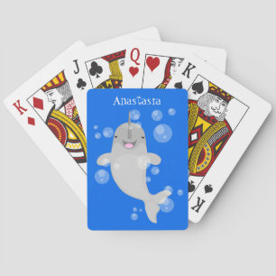 Cute happy narwhal bubbles cartoon illustration poker cards
