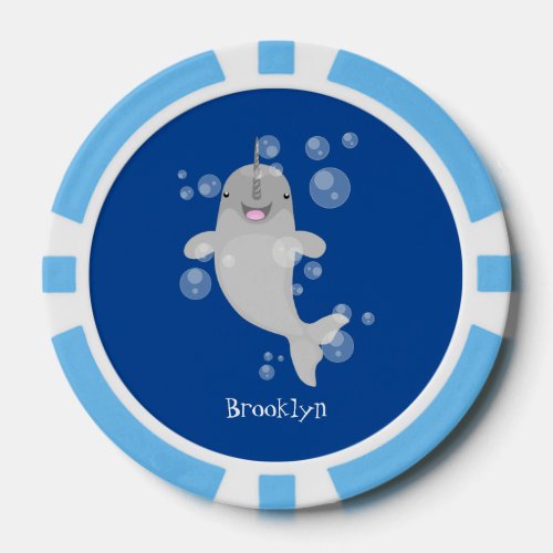 Cute happy narwhal bubbles cartoon illustration poker chips