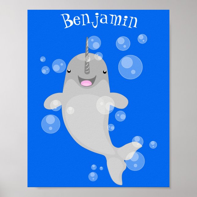 Cute happy narwhal bubbles cartoon illustration poster (Front)