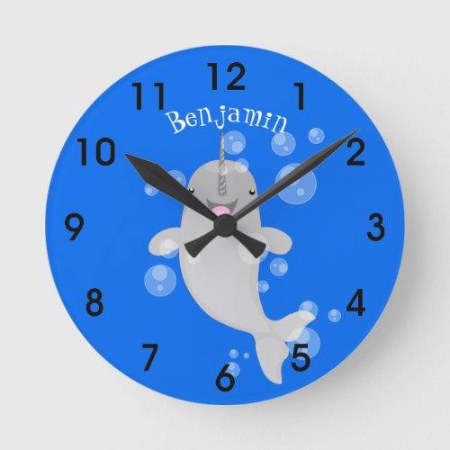 Cute happy narwhal bubbles cartoon illustration round clock