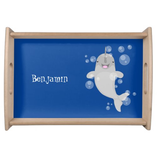Cute happy narwhal bubbles cartoon illustration serving tray