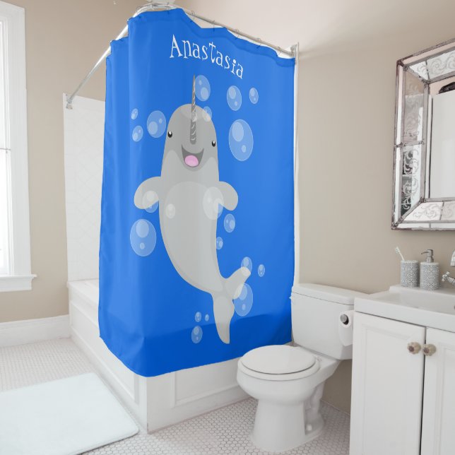 Cute happy narwhal bubbles cartoon illustration shower curtain (In Situ)