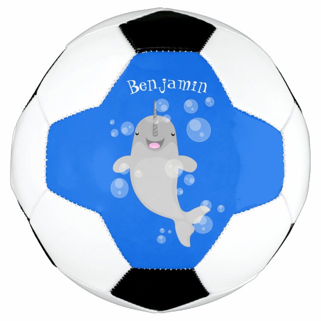 Cute happy narwhal bubbles cartoon illustration soccer ball (Front)