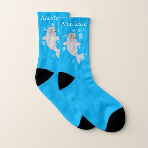 Cute happy narwhal bubbles cartoon illustration socks