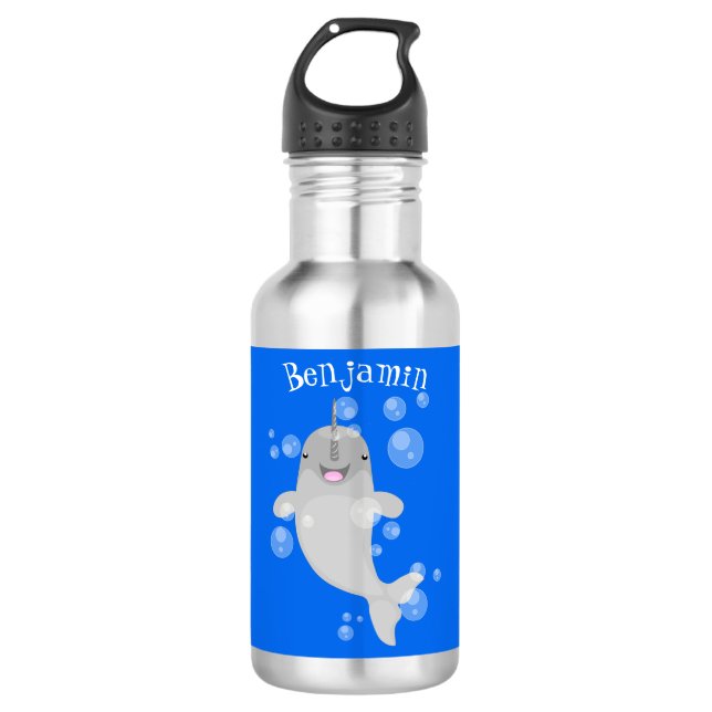Cute happy narwhal bubbles cartoon illustration stainless steel water bottle (Front)