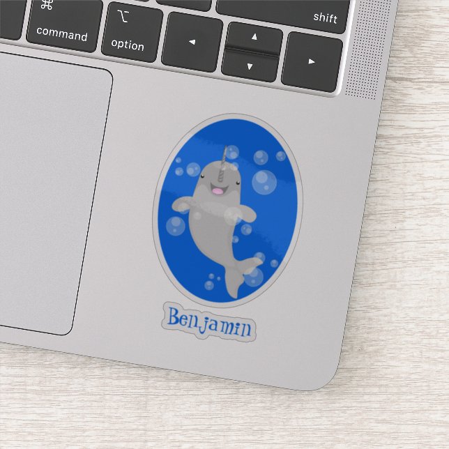 Cute happy narwhal bubbles cartoon illustration sticker (Detail)