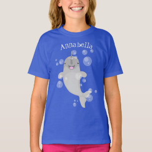 Cute happy narwhal bubbles cartoon illustration T-Shirt