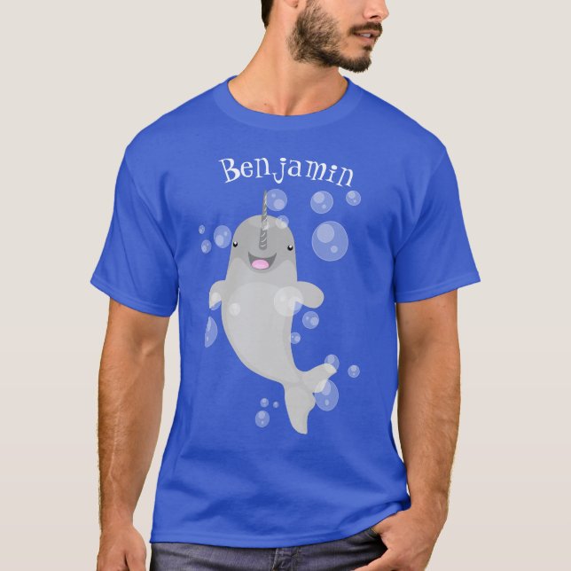 Cute happy narwhal bubbles cartoon illustration T-Shirt (Front)