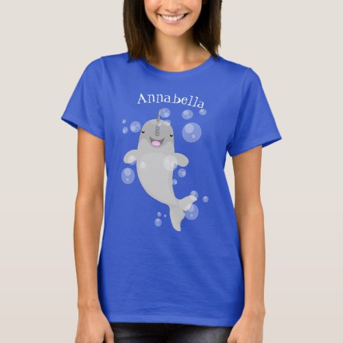 Cute happy narwhal bubbles cartoon illustration T_Shirt