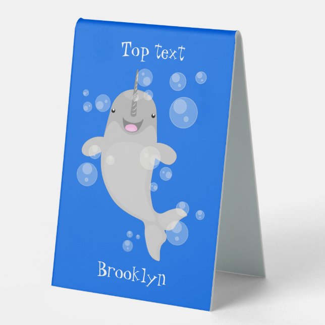 Cute happy narwhal bubbles cartoon illustration table tent (Front)