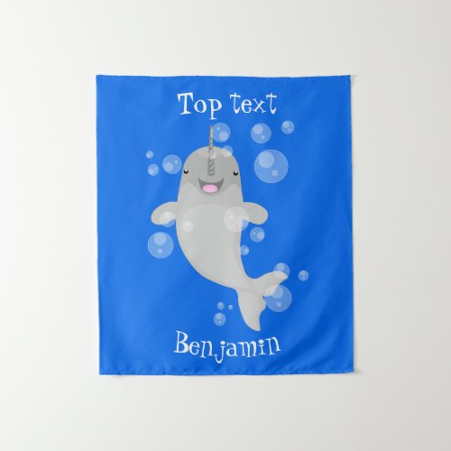 Cute happy narwhal bubbles cartoon illustration tapestry