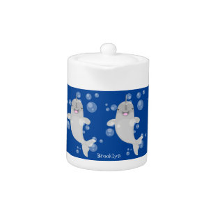 Cute happy narwhal bubbles cartoon illustration teapot