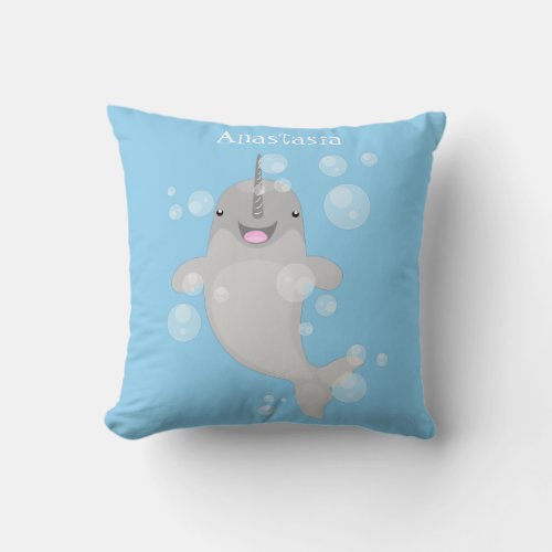 Cute happy narwhal bubbles cartoon illustration throw pillow