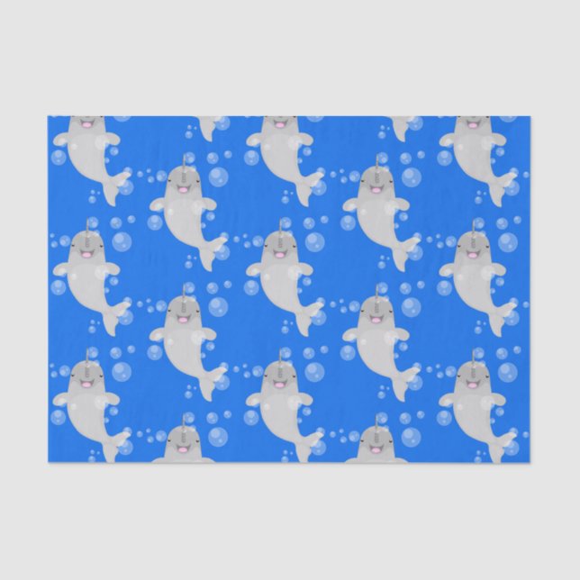 Cute happy narwhal bubbles cartoon illustration tissue paper (Front)
