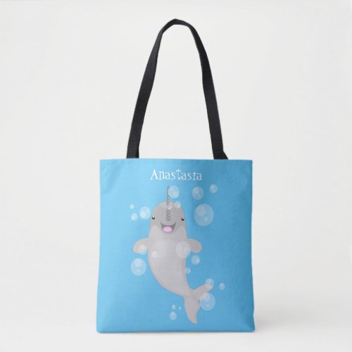 Cute happy narwhal bubbles cartoon illustration tote bag