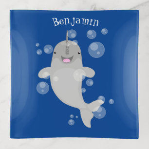 Cute happy narwhal bubbles cartoon illustration trinket tray