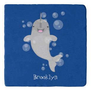 Cute happy narwhal bubbles cartoon illustration trivet