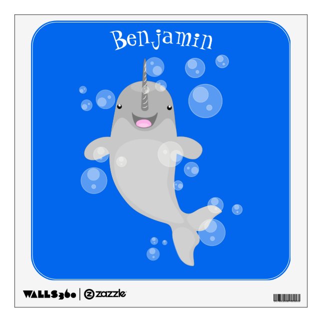 Cute happy narwhal bubbles cartoon illustration wall decal (Front)