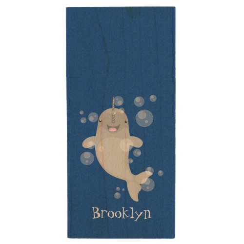 Cute happy narwhal bubbles cartoon illustration wood flash drive