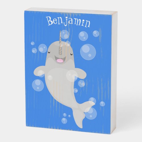 Cute happy narwhal bubbles cartoon illustration wooden box sign
