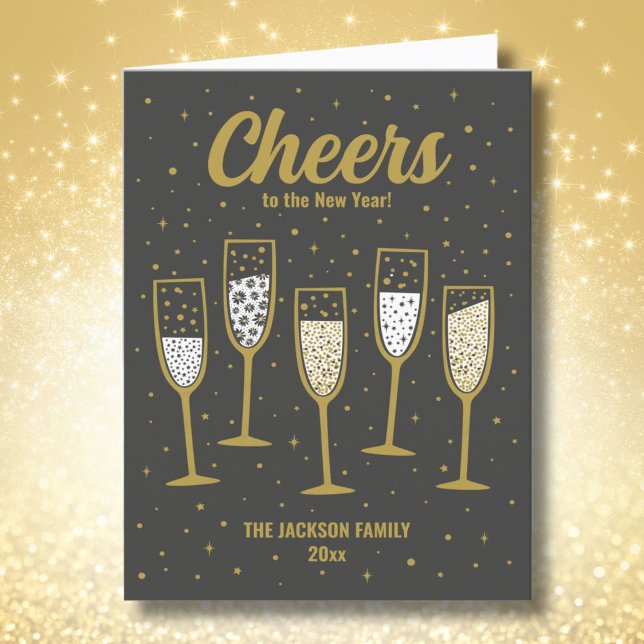 Cute Happy New Year Champagne black gold white Holiday Card (Creator Uploaded)