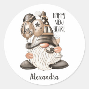 Cute Happy New Year Gnome Classic Round Sticker