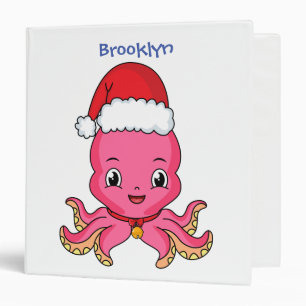Cute happy octopus wearing Christmas hat cartoon 3 Ring Binder