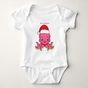 Cute happy octopus wearing Christmas hat cartoon Baby Bodysuit