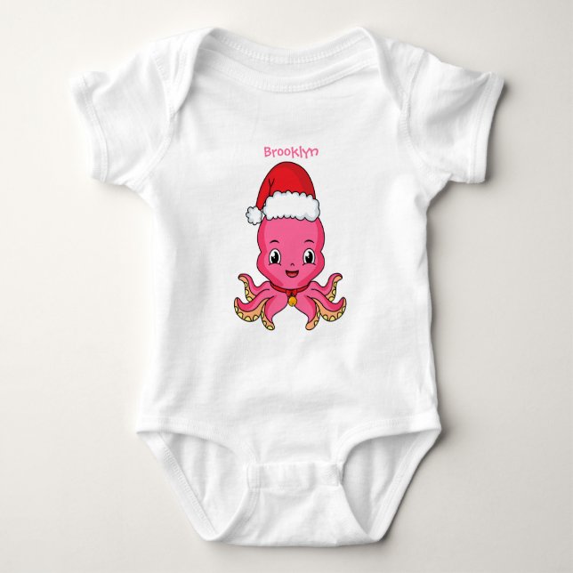 Cute happy octopus wearing Christmas hat cartoon Baby Bodysuit (Front)