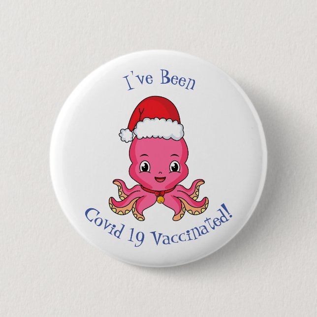 Cute happy octopus wearing Christmas hat cartoon Button (Front)