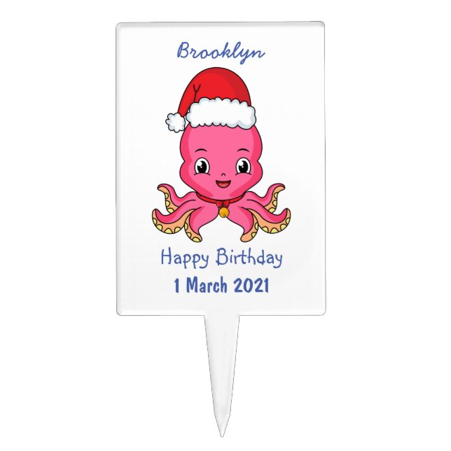 Cute happy octopus wearing Christmas hat cartoon Cake Topper (Front)
