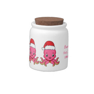 Cute happy octopus wearing Christmas hat cartoon Candy Jar