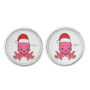 Cute happy octopus wearing Christmas hat cartoon Cufflinks
