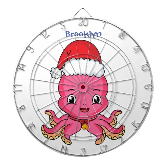 Cute happy octopus wearing Christmas hat cartoon Dart Board (Front)