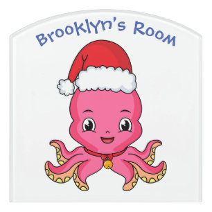 Cute happy octopus wearing Christmas hat cartoon Door Sign