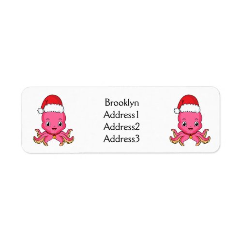 Cute happy octopus wearing Christmas hat cartoon Label