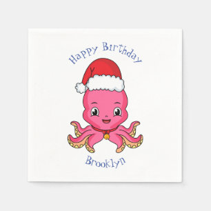 Cute happy octopus wearing Christmas hat cartoon Napkins