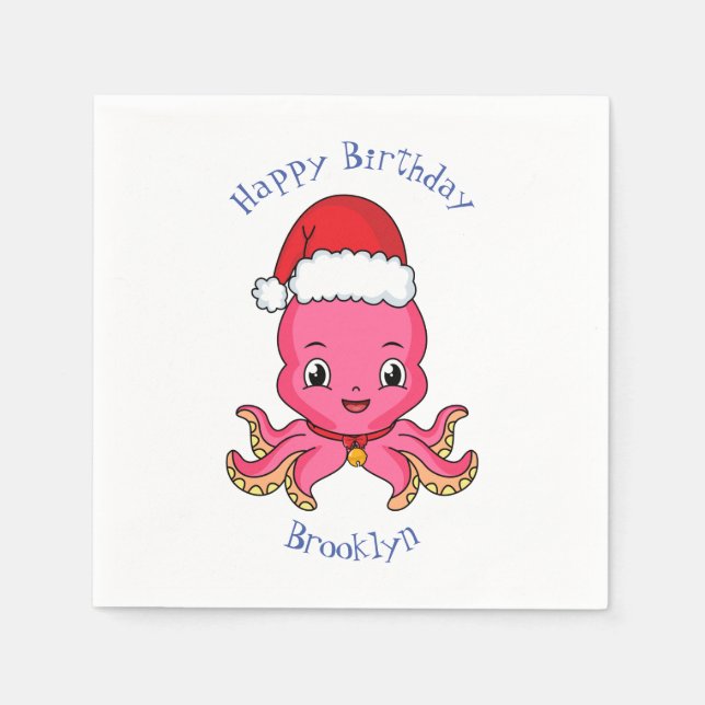 Cute happy octopus wearing Christmas hat cartoon Napkins (Front)