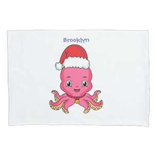 Cute happy octopus wearing Christmas hat cartoon Pillow Case