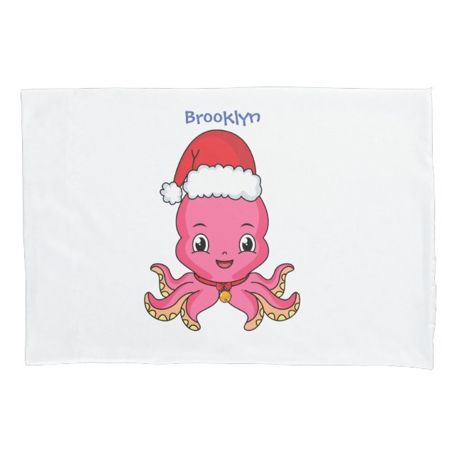 Cute happy octopus wearing Christmas hat cartoon Pillow Case (Front)