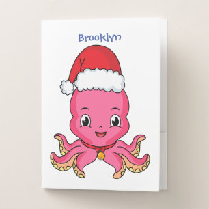 Cute happy octopus wearing Christmas hat cartoon Pocket Folder