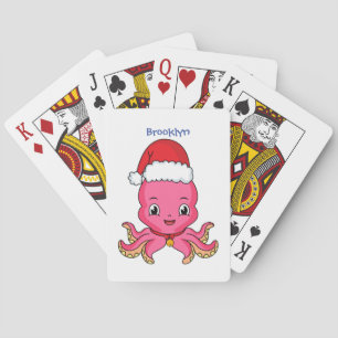 Cute happy octopus wearing Christmas hat cartoon Poker Cards