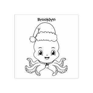 Cute happy octopus wearing Christmas hat cartoon Rubber Stamp