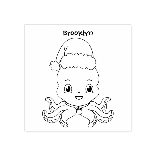 Cute happy octopus wearing Christmas hat cartoon Rubber Stamp (Imprint)