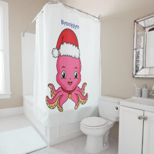 Cute happy octopus wearing Christmas hat cartoon Shower Curtain