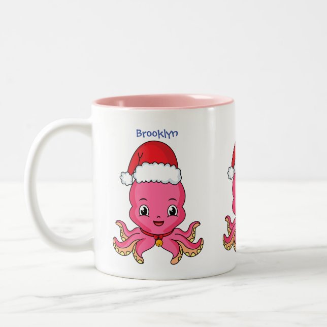 Cute happy octopus wearing Christmas hat cartoon Two-Tone Coffee Mug (Left)