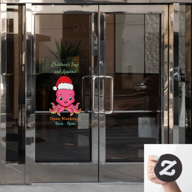 Cute happy octopus wearing Christmas hat cartoon Window Cling (Office Door)